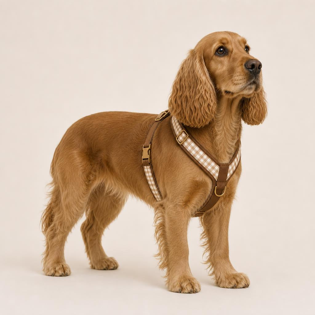 Cocker spaniel llevando puesto el arnés en Y Coffee